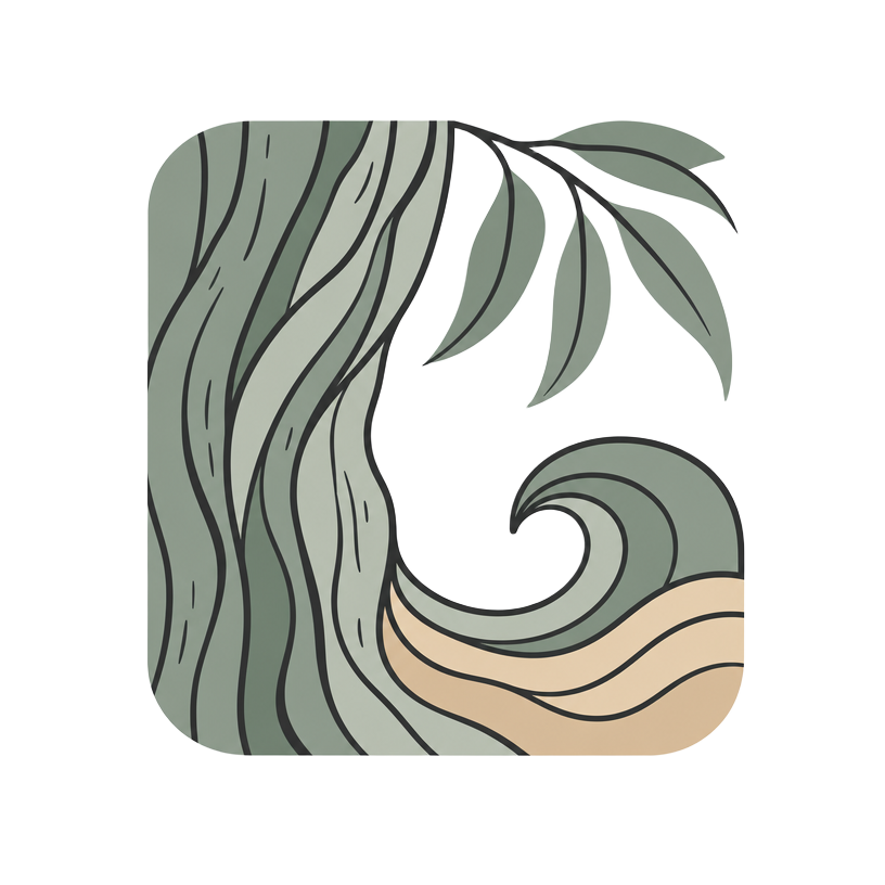 Graphic showing lignin in a tree trunk, set against a shoreline with wave.